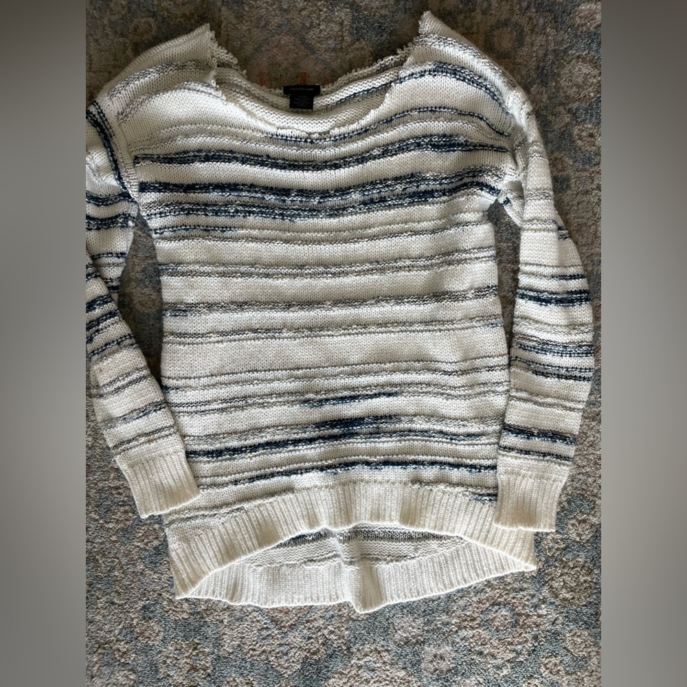 Calvin Klein Jeans White and Blue Striped Sweater